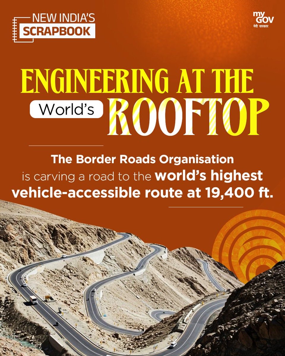 mygovindia's tweet image. Engineering Marvel At Extreme Altitude!

The Border Roads Organisation is constructing a route at 19,400 feet, set to become the world’s highest vehicle-accessible road, demonstrating unmatched engineering capability.

#NewIndiaScrapbook 
#NewIndia 
#Scrapbook