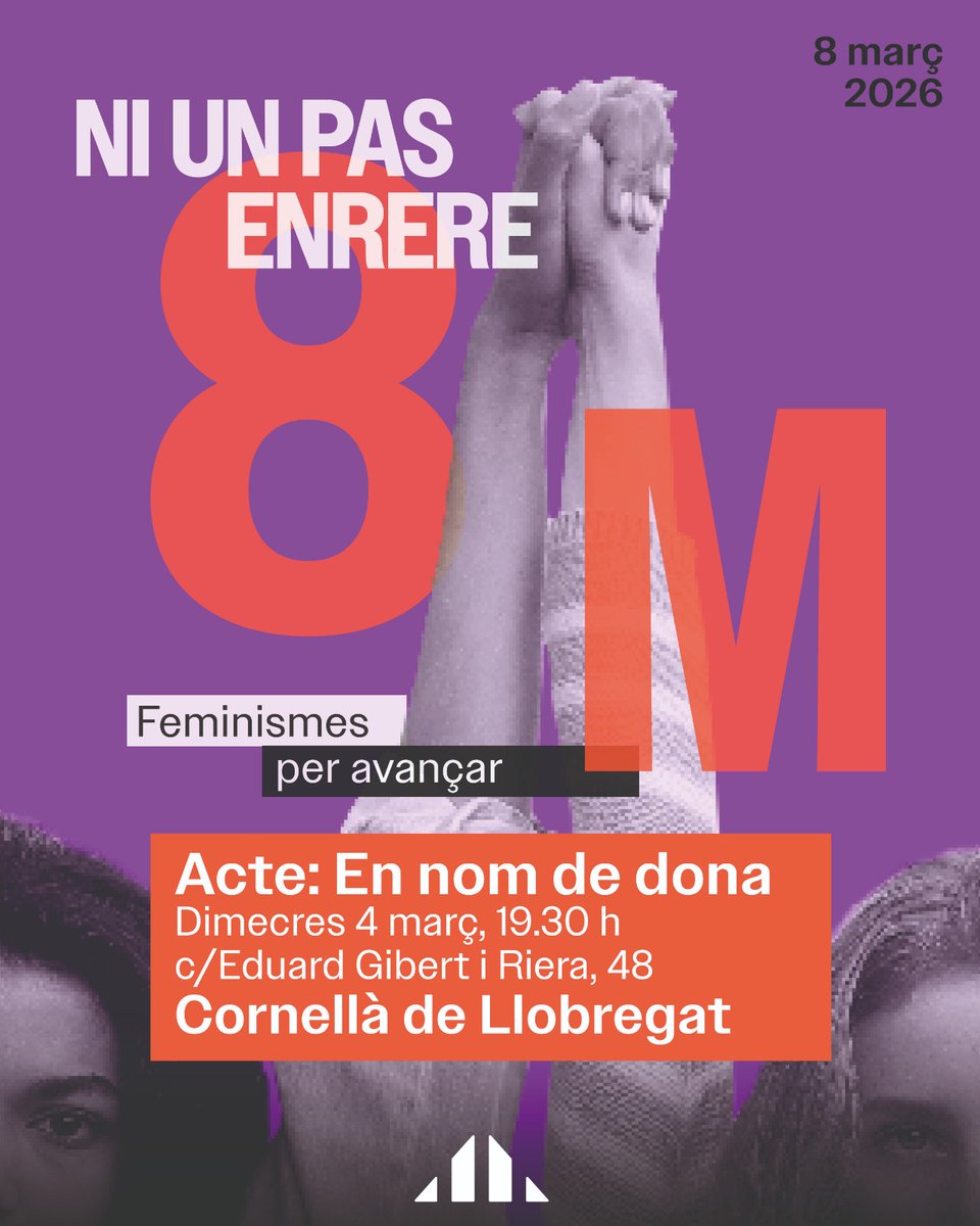 💜 Aquest 8M, ni un pas enrere!

📆 El pròxim 4 de març, a les 19.30 h, vine a l'acte "En nom de dona" on, mitjançant un joc, descobrirem dones -sovint invisibilitzades o desconegudes- que han destacat en diferents àmbits.

👀 T'esperem al nostre local (C.Eduard Gibert, 48).