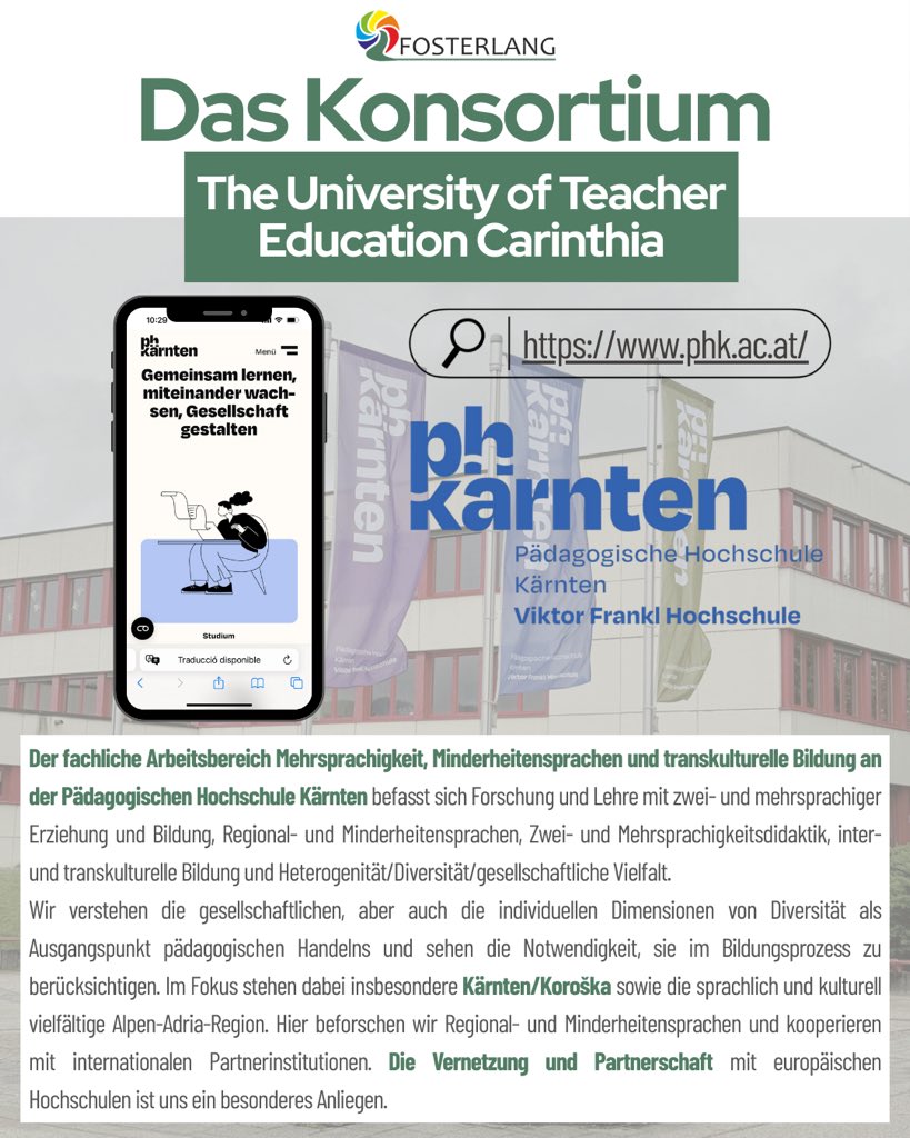FOSTERLANG_EUR's tweet photo. Meet the FOSTERLANG Consortium: the Dept. for Multilingualism & Minority Languages at University of Teacher Education Carinthia. Research & teaching in bilingualism, minority languages & transcultural education in the Alps-Adriatic region 🌍 #FOSTERLANG #MultilingualEducation https://t.co/GgudxquVdX