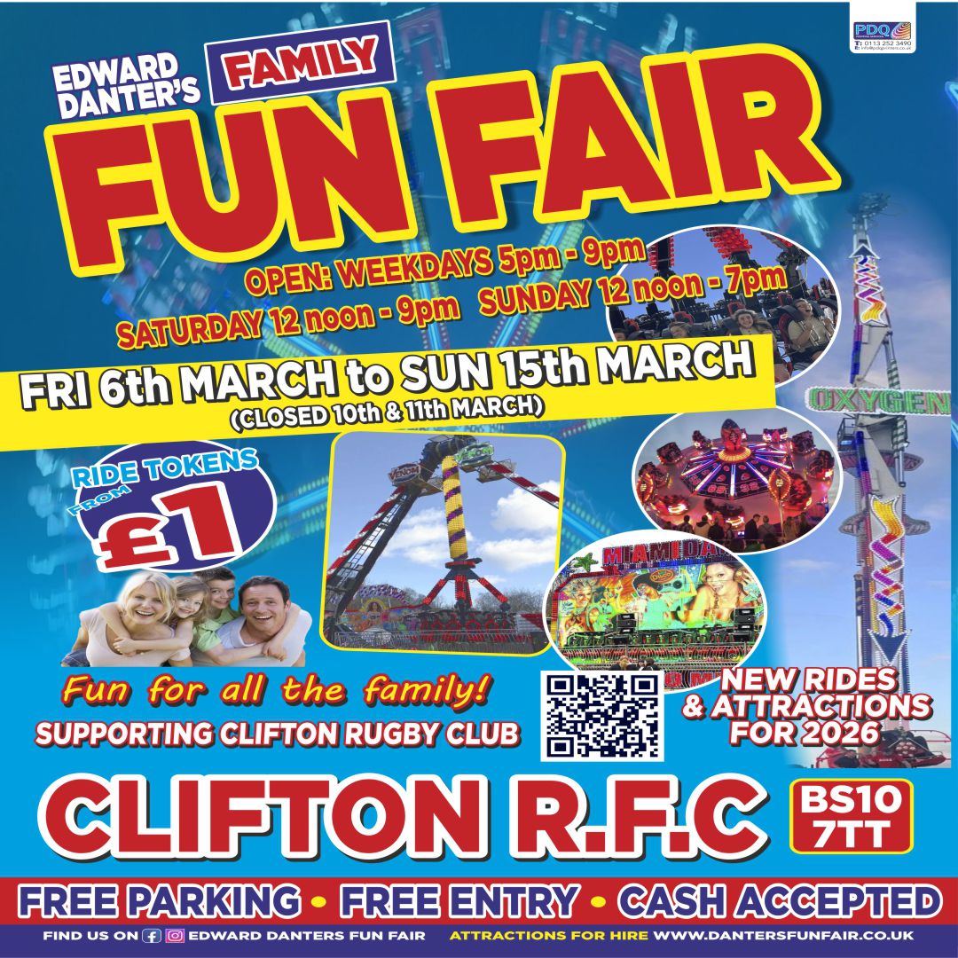 cliftonrugby's tweet image. 🎡 The Funfair is arriving at Clifton RFC! 🎡

Edward Danter’s Family Fun Fair rolls into town from Friday 6th – Sunday 15th March.

🎟 Ride tokens from £1
🎠 Fun for all the family
🚗 Free parking
🎟 Free entry

#CliftonRFC #FunFair #FamilyFun #BristolEvents #CliftonRugby