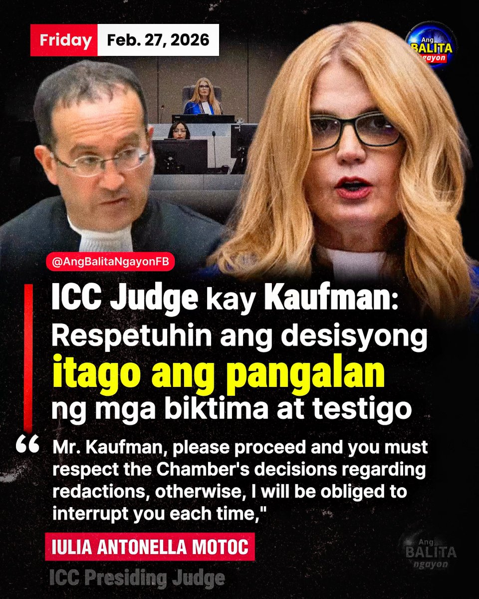 ICC JUDGE KAY KAUFMAN: RESPETUHIN ANG DESISYONG ITAGO ANG PANGALAN NG MGA BIKTIMA AT TESTIGO

Nagpaalala ang Presiding Judge ng International Criminal Court Pre-Trial Chamber I na si Iulia Antoanella Motoc sa lead defense counsel ni dating Pangulong Rodrigo Duterte, na si Atty.