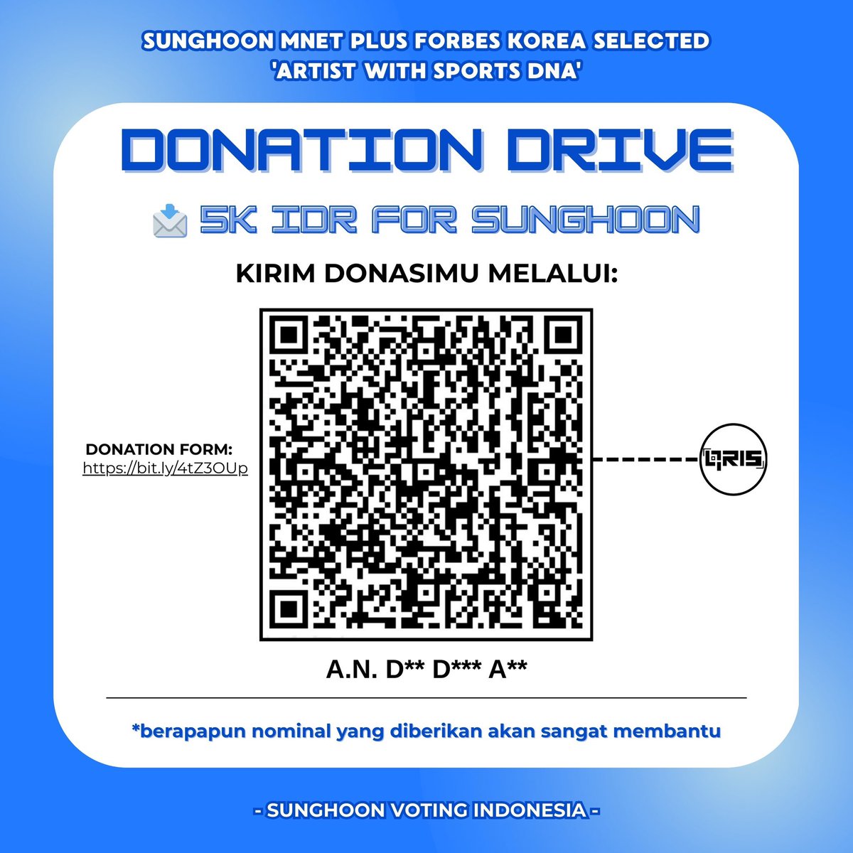 🚨 QUICK DONATION MNET 🚨

📩 5K IDR FOR #SUNGHOON 

- Salurkan donasi melalui Qris yang tertera dan isi form di bawah ini: 
🔗 bit.ly/4tZ3OUp