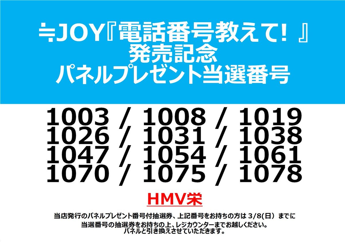 ≒JOY】 「電話番号教えて！」発売記念 パネルプレゼント当選発表