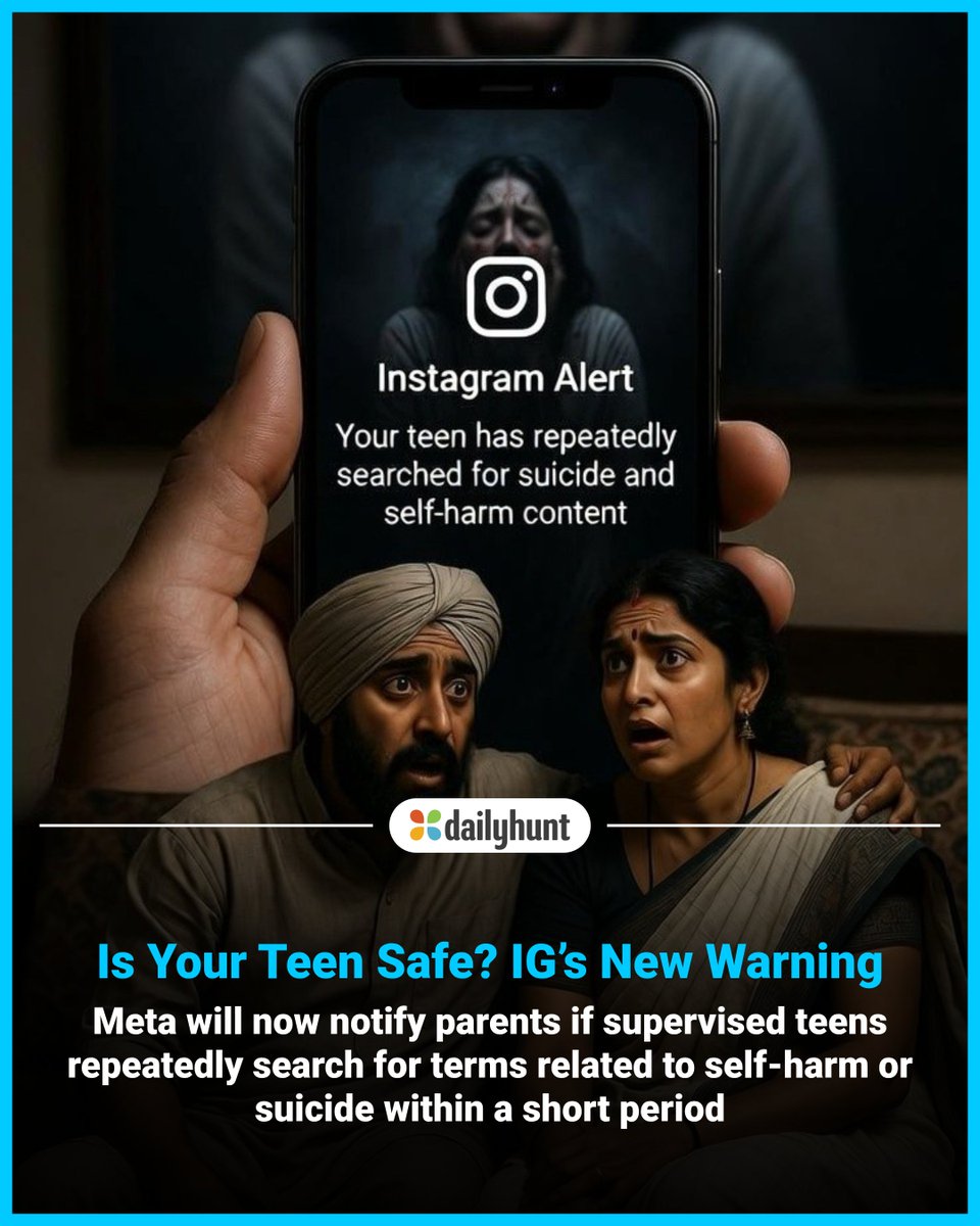 DailyhuntApp's tweet image. Instagram To Alert Parents If Teens Repeatedly Search Suicide Or Self-Harm Related Content
📸 Credit: AI-generated

Read more from The Logical Indian and other top sources here: 
w.dhunt.in/13A8Gw?partner…

#InstagramUpdate #Meta #OnlineSafety #ChildProtection #current