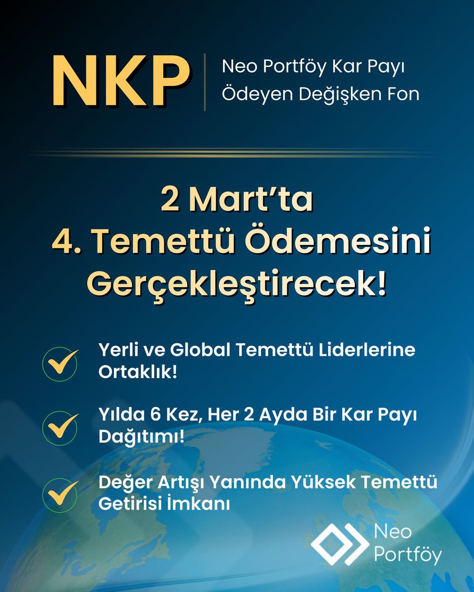 NEOPortfoyPlus's tweet photo. 🔎 NKP - Neo Portföy Kar Payı Ödeyen Değişken Fon

🗓️ NKP, 2 Mart'ta 4.Temettü Ödemesini Gerçekleştirecek!

📊 Fon; yüksek temettü verimi sağlamış, güçlü ödeme geçmişi olan ve temettü potansiyeli yüksek şirketlerin detaylı analizine dayanarak yatırım yapar.

✨ NKP Fonu ile:
✅ Yılda 6 kez, her 2 ayda bir düzenli kar payı dağıtımı
✅ Yerli ve global temettü liderlerine ortaklık fırsatı
✅ Değer artışı yanında yüksek temettü getirisi elde etme imkanı

📎 Fon alım işlemlerinizi Neo Portföy’den ya da TEFAS aracılığıyla banka ve aracı kurumunuzdan kolayca gerçekleştirebilirsiniz. Fonla ilgili tüm gelişmelere Neo Portföy’ün sosyal medya hesapları ve https://t.co/tq37ZH3ghQ üzerinden ulaşabilir, detaylı bilgi için bizimle iletişime geçebilirsiniz.

#NKP #Temettü #KarPayı #NeoPortföy #GlobalHisse #BIST100 #YatırımdaYeniDönem #YatırımFırsatı