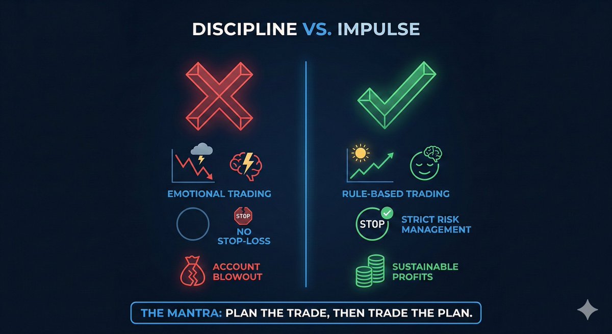 The Hard Truth: Your strategy doesn't fail you. Your discipline does. 🧵

You can have a 70% win rate, but if you can’t stick to your stop loss or you "revenge trade" after one bad fill, you’re just gambling with a fancy interface. 🎯

Why Discipline is the ultimate edge: