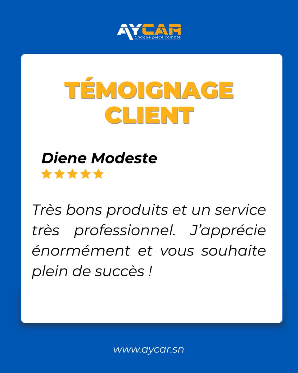 Aycar_sn's tweet photo. Merci à Diene Modeste !

« Très bons produits et service professionnel. J’apprécie beaucoup ! »

Chez AYCAR, qualité et fiabilité sont nos priorités 🚗🔧

#AYCAR #avisclient #piècesauto #auto #sénégal https://t.co/YyUddU07sJ