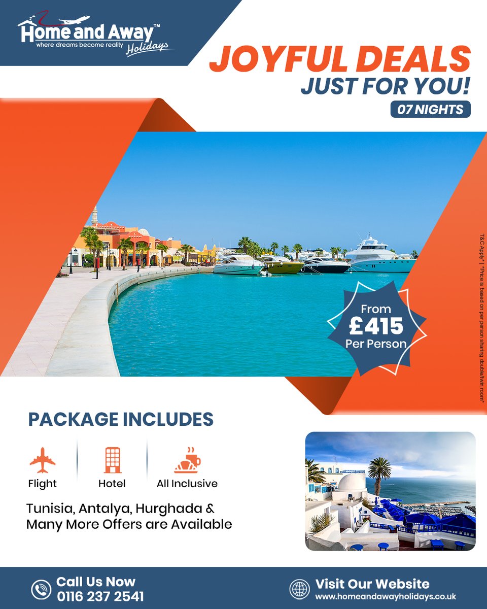 Homeandawaytour's tweet image. 🌞 Joyful Holiday Deals from £415PP!
Sunshine, ocean views &amp;amp; all-inclusive comfort await 🌊🍹
✈️ Flights • 🏨 7 Nights • 🍽️ All-Inclusive
📞 0116 237 2541
🛫 Book now &amp;amp; start your perfect escape!
links.homenawayholidays.co.uk/kX0D2i
#HolidayDeals #AllInclusiveHoliday #TravelDeals #BookNow