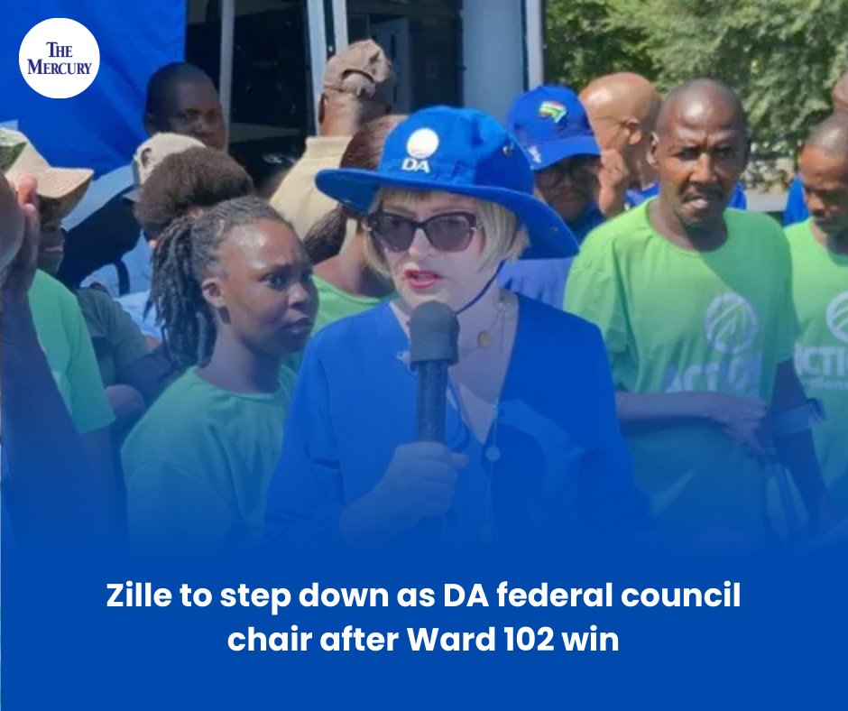 TheMercurySA's tweet photo. Helen Zille has announced she will step down as Chair of the DA’s Federal Council, just after the party’s Ward 102 by-election victory. 

Read more: https://t.co/cSmsvnKKVT

#HelenZille #DA #SouthAfricaPolitics #Ward102 #LeadershipChange https://t.co/WaNGGXTT8D