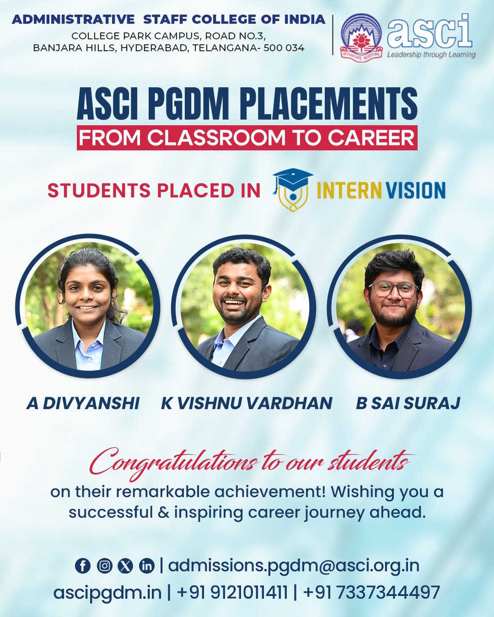ascipgdm's tweet image. 🎉 From Classroom to Career — Another Proud Milestone for ASCI PGDM! 
We are delighted to celebrate the achievement of our PGDM students —  A Divyanshi, K Vishnu Vardhan, and B Sai Suraj — on their successful placement at Intern Vision.🌟

#ASCI #PGDM #ASCIPGDM #CampusPlacements