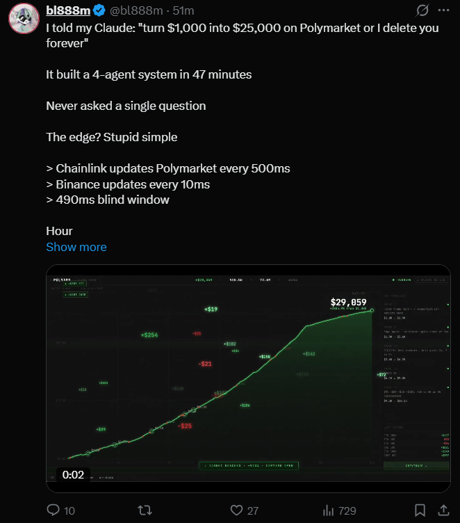 I'm so tired of those misleading posts, you have an edge only when you're the only one to exploit a market weakness, once the info spreads you don't have an hedge anymore.

Yes, it's true that one bot ("0x8dxd") was deployed with just $313 and accumulated roughly $437,600 in
