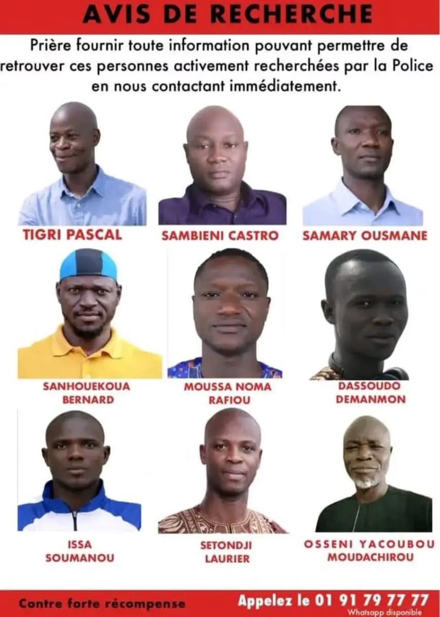 BeninBouge's tweet photo. 🚨 𝗦𝗘́𝗖𝗨𝗥𝗜𝗧𝗘́ 𝗡𝗔𝗧𝗜𝗢𝗡𝗔𝗟𝗘 : 𝗟𝗔 𝗣𝗢𝗟𝗜𝗖𝗘 𝗟𝗔𝗡𝗖𝗘 𝗨𝗡 𝗔𝗩𝗜𝗦 𝗗𝗘 𝗥𝗘𝗖𝗛𝗘𝗥𝗖𝗛𝗘 𝗥𝗘𝗟𝗔𝗧𝗜𝗩𝗘 𝗔𝗨 𝗖𝗢𝗨𝗣 𝗗’𝗘́𝗧𝗔𝗧 𝗗𝗘́𝗝𝗢𝗨𝗘́

La Police républicaine a lancé un avis de recherche visant neuf personnes, dans le cadre du coup d’État déjoué au Bénin le dimanche 7 décembre 2025.

Les autorités invitent toute personne disposant d’informations utiles à contacter le 0191797777.
Une forte récompense est annoncée pour toute information permettant de les retrouver, selon le communiqué officiel.

Les personnes activement recherchées sont : Pascal TIGRI, SAMBIENI Castro, SAMARY Ousmane, SANHOUEKOUA Bernard, MOUSSA NOMA Rafiou, DASSOUDO Démanmon, ISSA Soumanou, SETONDJI Laurier et OSSENI Yacoubou Moudachirou.

#BeninBouge