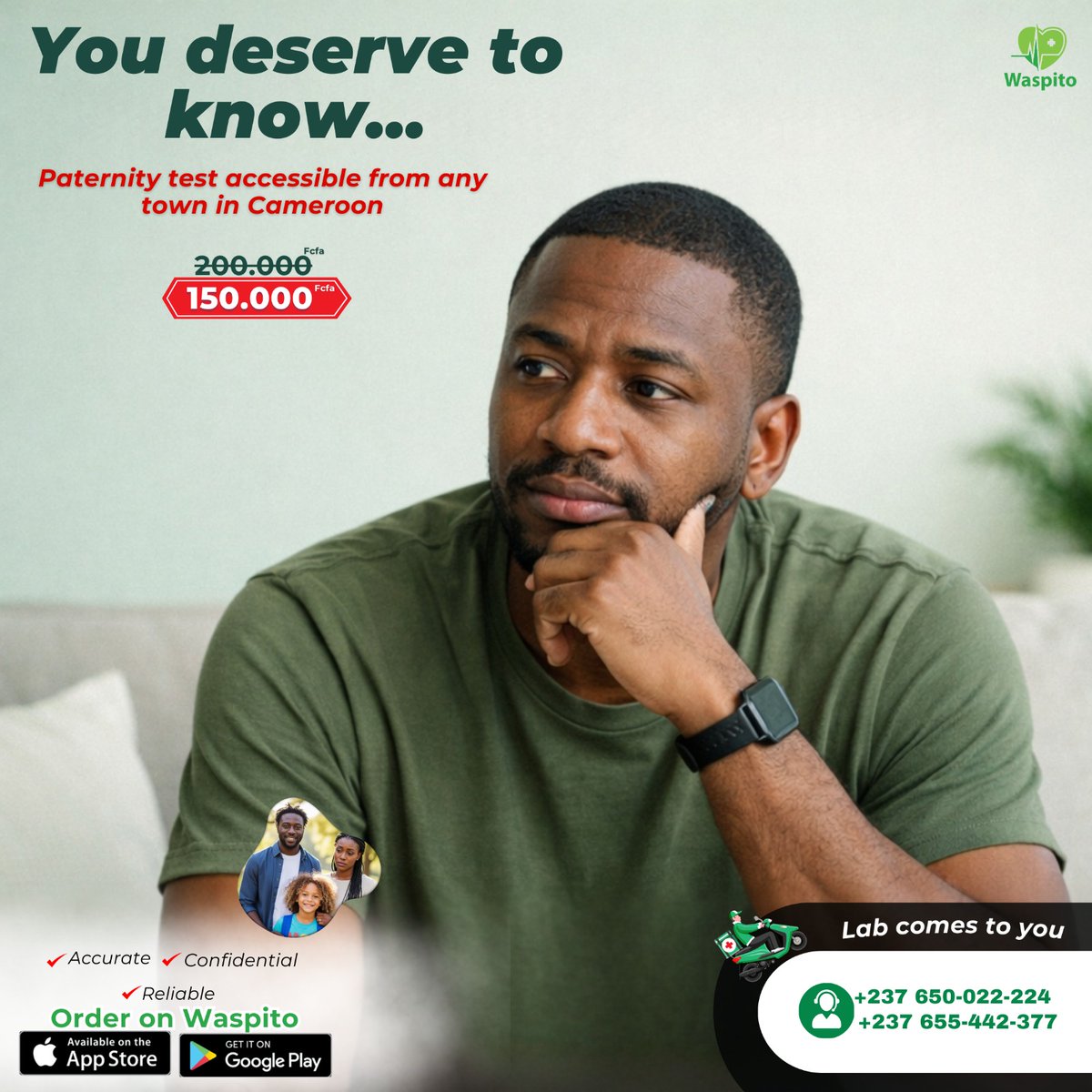 Doubt can be heavy.
Clarity brings peace.

With Waspito, you can request a confidential paternity test safely and discreetly.

Accurate results. Professional handling. Total privacy 💚