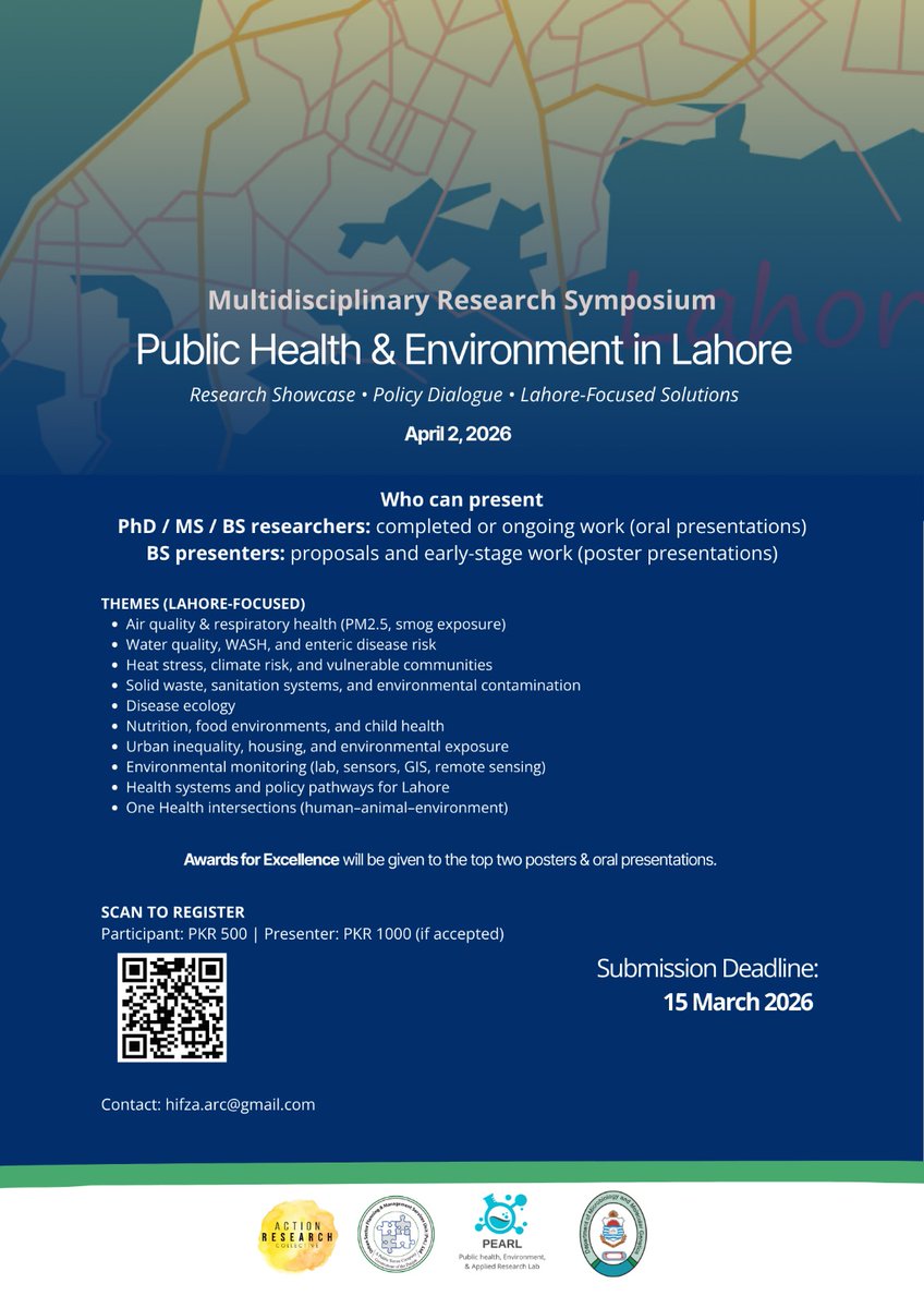 ActionResear's tweet photo. ARC (@ActionResear), in collaboration with @UrbanUnitGop &amp; PEARL lab Punjab University, is hosting a Conference on Public Health &amp; Environment in Lahore bringing together students, practitioners, and community voices.

Scan the QR code on the flyer to register. https://t.co/AQBtJxCg5x