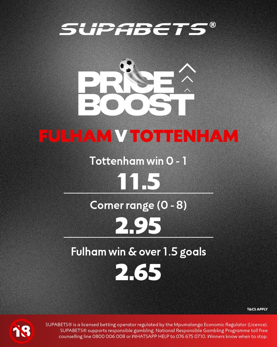 Supabets_mzansi's tweet image. ⚽️CRUCIAL CLASH FOR SPURS AS A LOSS COULD BE CATASTROPHIC! SERIOUSLY🥺🧐

🚀 bit.ly/3UvaGbC ✅

#PriceBoost #EPL #FULTOT #Supabets

18+ / Bet Responsibly