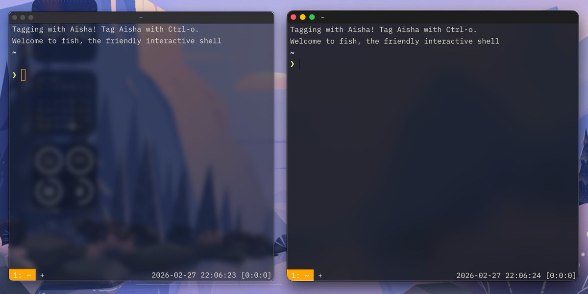 终于忍不了了WezTerm背景模糊和阴影同时开的bug，最后自己下场了。用的同一个配置文件，左边是原版，右边是修正版。（背景颜色看上去右边更深是因为使用了系统标准的模糊，会有tint）