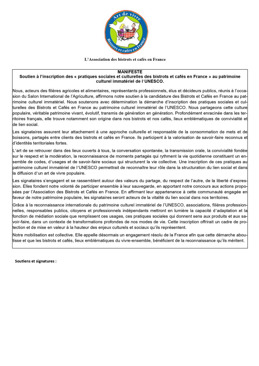 Au SIA, nous avons fait signer un manifeste de soutien à la candidature des pratiques sociales et culturelles dans les bistrots et les cafés en France au patrimoine immatériel mondial de l'UNESCO. De nombreuses personnalités et professionnels ont accepté de signer