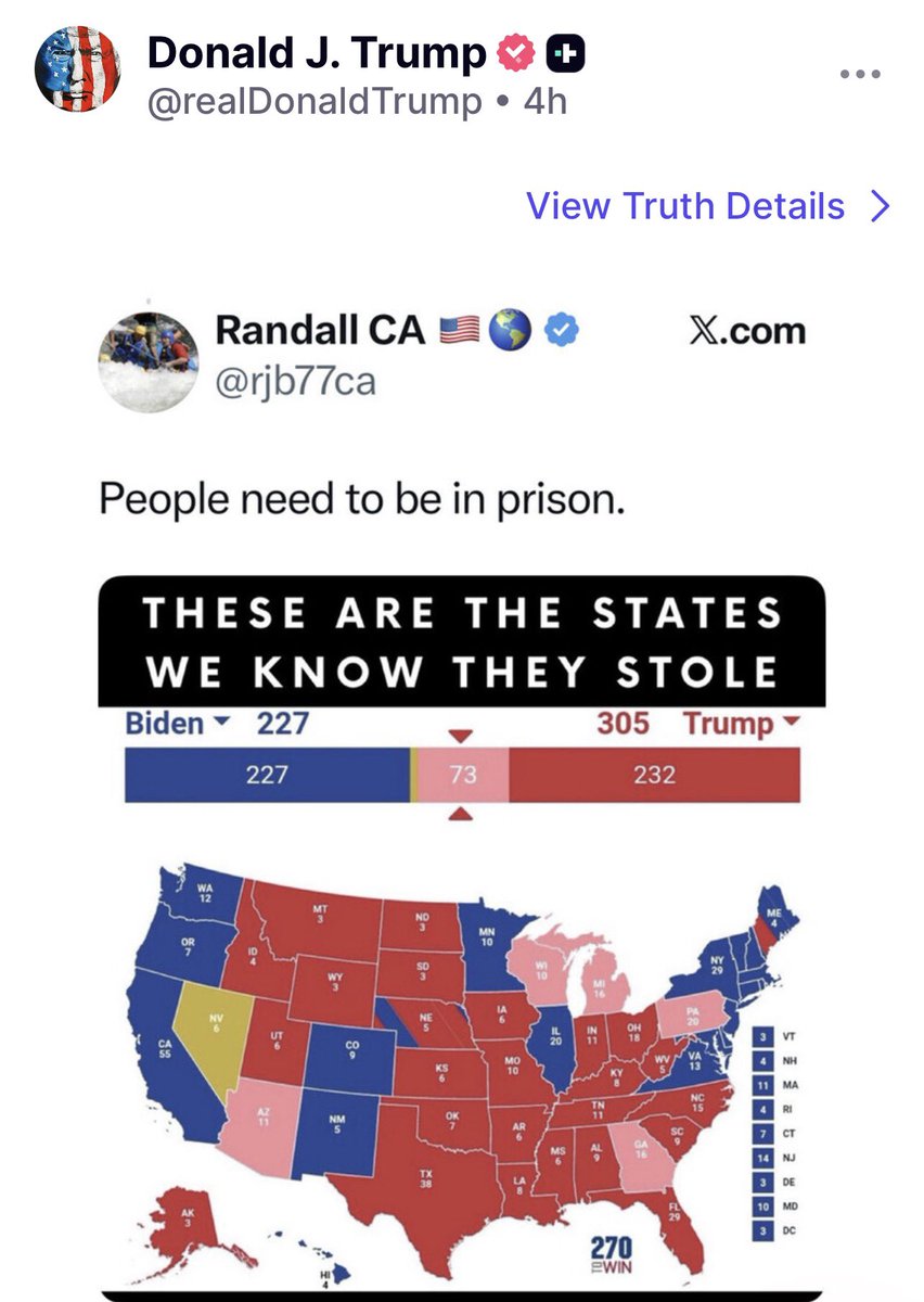 PRESIDENT TRUMP POST:

2020 was rigged and stolen and we have a crisis in America. Our elections are not secure, free or fair. Biden was INSTALLED. 

We cannot allow this to stand. 👏🏻💥💥💥 TREASON! Foreign and domestic OVERTHROWING OF OUR GOVERNMENT!
