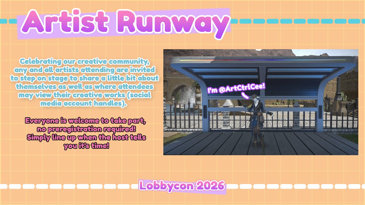 FinalFantaCee's tweet photo. Do you gpose/draw/stream? Will you be attending a convention soon? Jump on stage during the Artist Runway and let your fellow Eorzeans know how they can connect with you!
Those attending Animaga Sydney that weekend in particular are encouraged to share their table numbers! https://t.co/p32EELMu6o