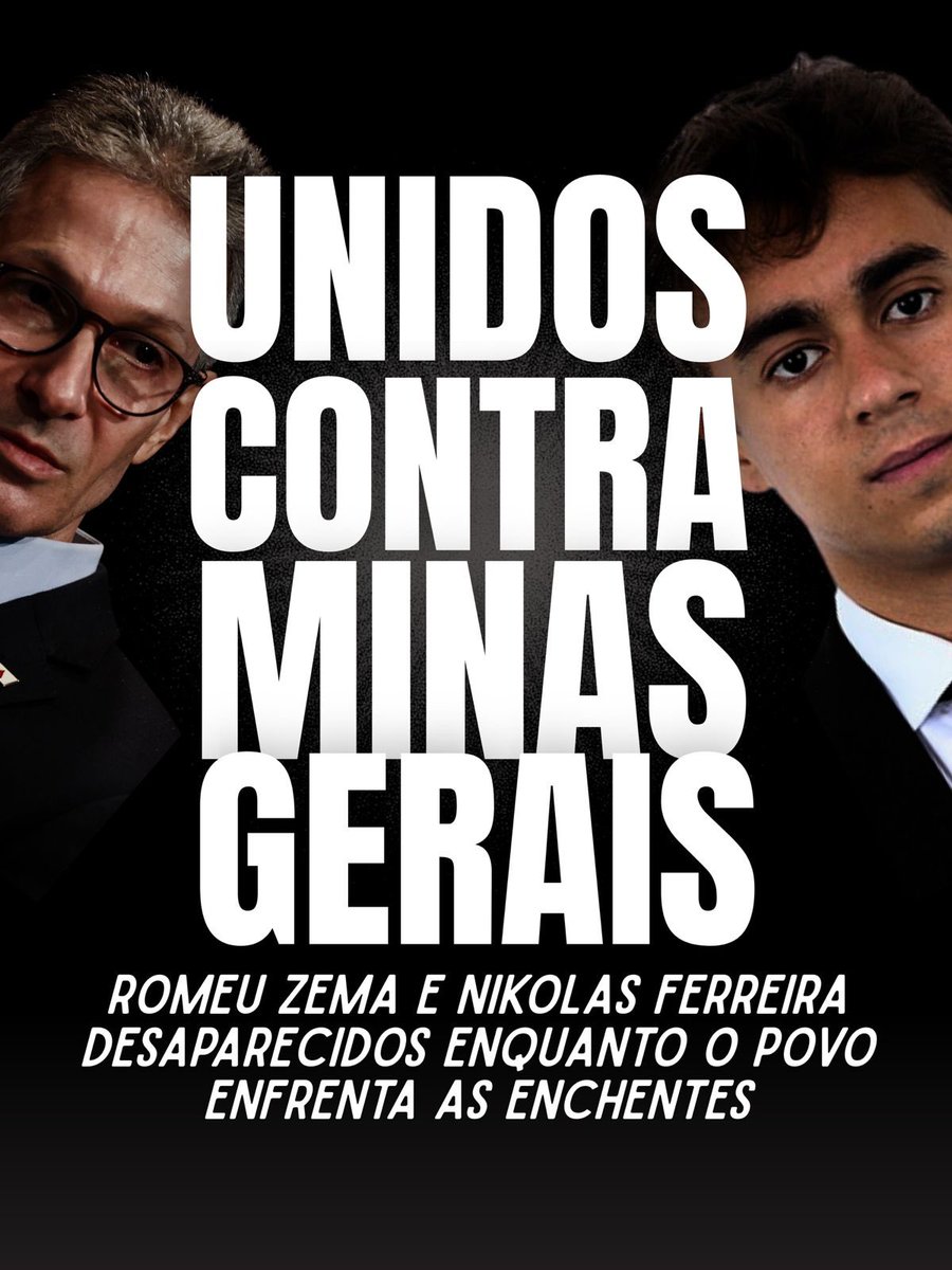 BrPelaVerdade's tweet photo. A dupla de fujões.

Romeu Zema, governador de Minas Gerais, e Nikolas Ferreira, deputado federal pelo estado, largaram a mão do povo justamente no momento em que ele mais precisa.

Nikolas apareceu apenas para gravar um vídeo, lacrar nas redes com seu showzinho e ainda atrapalhou o trabalho das equipes.

Enquanto isso, o governo de Luiz Inácio Lula da Silva já enviou milhões para o estado, liberou auxílio para os moradores, enviou o Ministério da Saúde e antecipou o BPC e o Bolsa Família. Isso, sim, é governar para o povo!