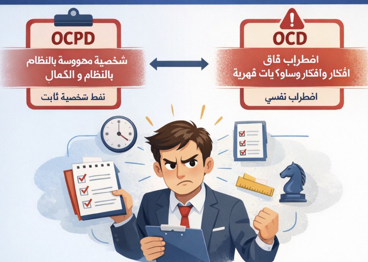 Fawaz_meshrafi's tweet photo. #الصحة_النفسية

الشخصية الوسواسية  (OCPD) وهي نمط شخصي يتسم بالمبالغة في التنظيم، الكمالية، وحب السيطرة على التفاصيل بطريقة تؤثر على الراحة النفسية والعلاقات.

⚠️ من المهم التفريق بين:
•اضطراب الشخصية الوسواسية  (OCPD) → نمط شخصية ثابت.

•اضطراب الوسواس القهري (OCD) 

→ اضطراب قلق فيه أفكار قهرية وسلوكيات متكررة لتخفيف القلق.

كثير يخلط بينهما رغم اختلافهما.

✅ صفات الشخصية الوسواسية (OCPD)
•الكمالية المفرطة وصعوبة تقبّل الخطأ.
•الانشغال الزائد بالنظام والترتيب والقواعد.
•التركيز على العمل والإنتاجية على حساب الراحة والعلاقات.
•صعوبة تفويض المهام للآخرين.
•الجمود الفكري والتمسك بطريقة واحدة.
•الميل للسيطرة والتدقيق في التفاصيل الصغيرة.
•التردد في اتخاذ القرار خوفًا من عدم الكمال.