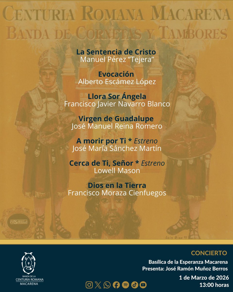 BandaCenturia's tweet photo. 🎼 𝐑𝐄𝐏𝐄𝐑𝐓𝐎𝐑𝐈𝐎 • 𝐂𝐎𝐍𝐂𝐈𝐄𝐑𝐓𝐎

🟣 Domingo 1 de marzo • 13:00 h.

📍 Basílica de la @Hdad_Macarena. 

ℹ️ Con motivo del 30º aniversario del trabajo discográfico conocido popularmente como “disco amarillo”, interpretaremos tres de sus marchas. 

🆕 Estrenos: “𝐀 𝐦𝐨𝐫𝐢𝐫 𝐩𝐨𝐫 𝐓𝐢” (José María Sánchez Martín) y la adaptación de @PacoMoraza de “𝐂𝐞𝐫𝐜𝐚 𝐝𝐞 𝐓𝐢, 𝐒𝐞𝐧̃𝐨𝐫” (Lowell Mason). 

#SonesMacarenos