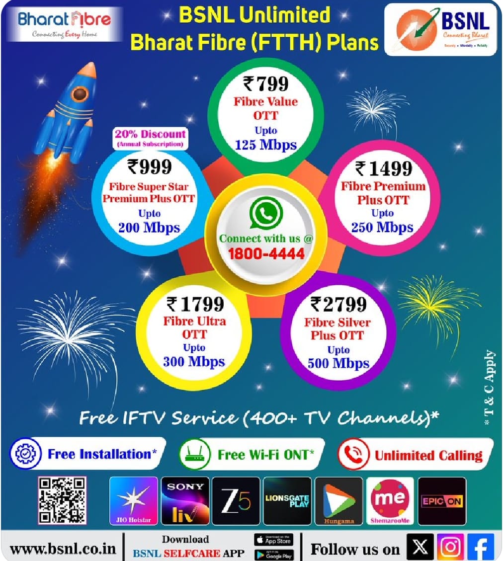 BSNL_HP's tweet image. 🇮🇳BSNL Unlimited Bharat Fiber FTTH Plans.   📷Get the Superfast Internet  at affordable Rates as per your need. 📷#bsnlhp #BSNLFTTH #FastInternet