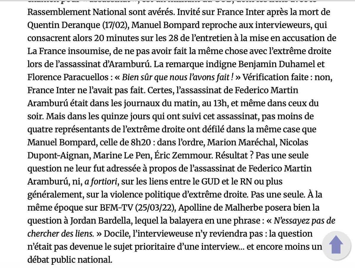 Merci à <a href="/acrimed_info/">Acrimed</a> pour son travail précieux qui confirme que, contrairement à ce qui a été affirmé sur la matinale de <a href="/franceinter/">France Inter</a>, aucune question n’a été posée à l’extrême-droite après l’assassinat de Federico Martin Aramburu par des nervis du GUD.