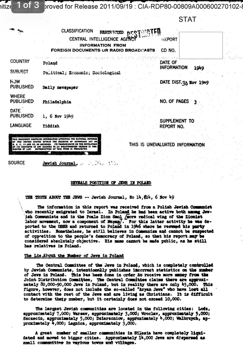 🔴Documento de la CIA demuestra que El Comité Central de los Judíos en Polonia, controlado por comunistas judíos mintió sobre el número de judíos para recibir más dinero del Joint Distribution Committee.

El Comité afirma que había 90.000 judíos en Polonia, pero el informante