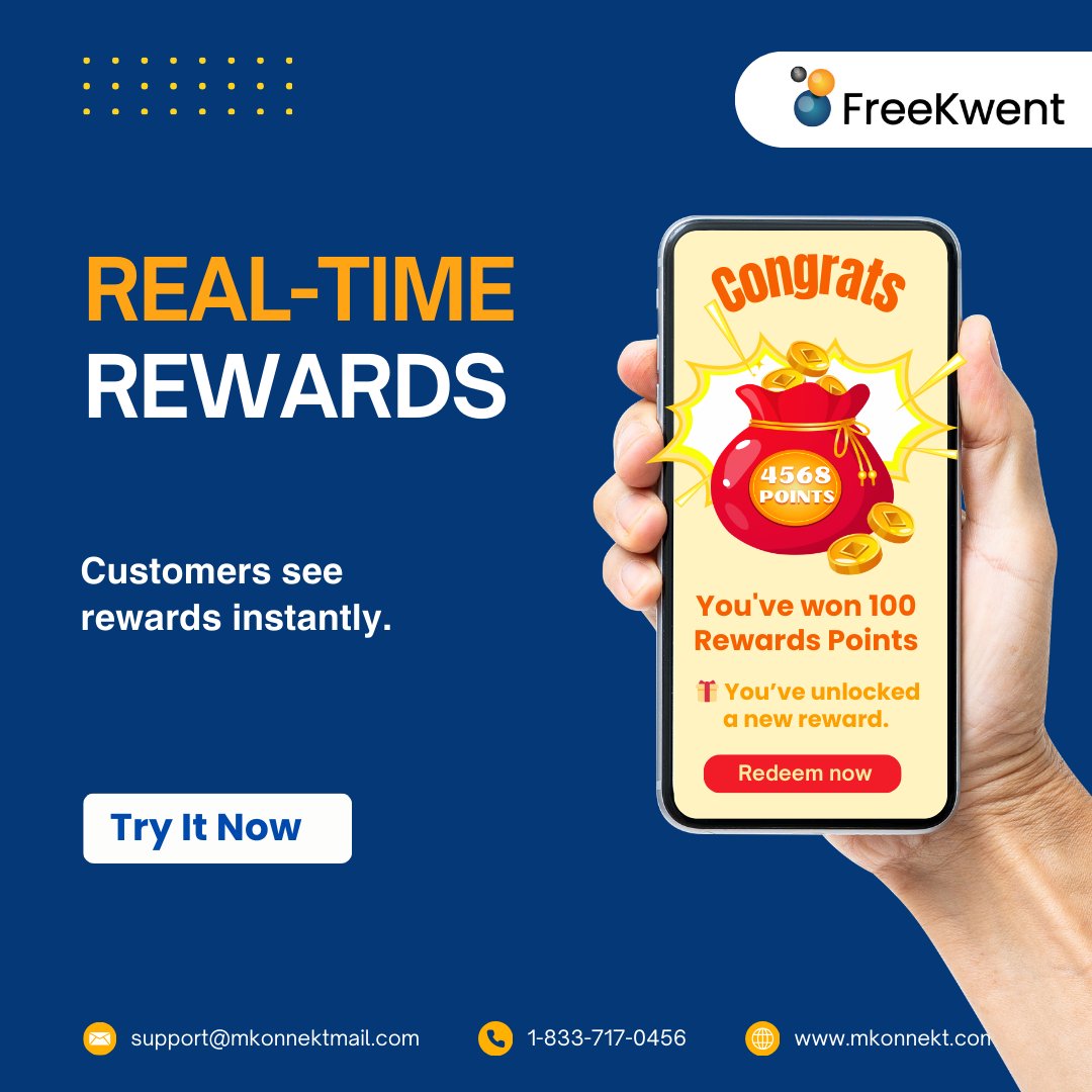 Instant rewards. Instant excitement.

With FreeKwent, customers see points immediately after purchase.

Real-time engagement drives repeat business.

🌐 mkonnekt.com

#RealTimeRewards #CustomerLoyalty #FreeKwent
