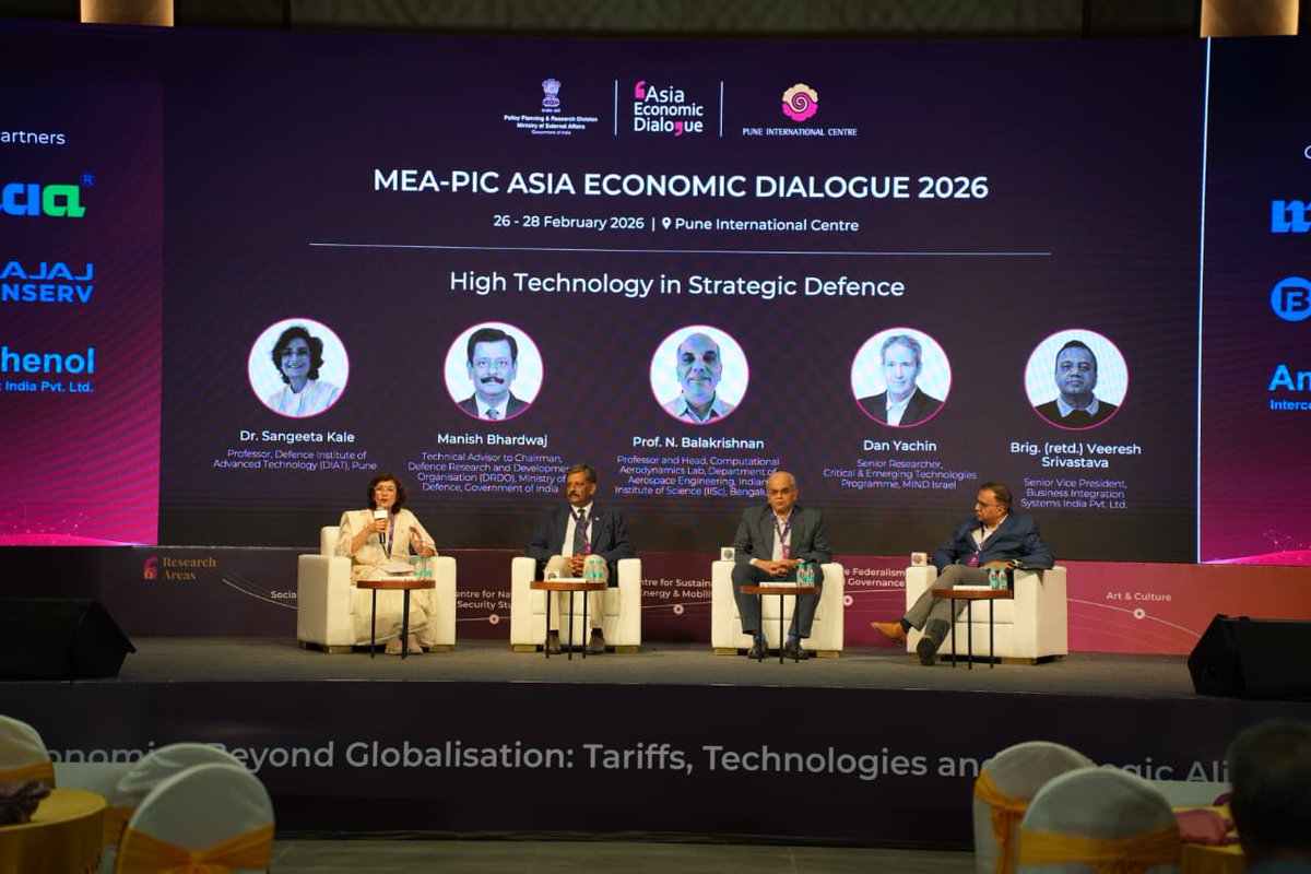 PuneIntCentre's tweet photo. From the MEA-PIC #AsiaEconomicDialogue 2026:
Panel Discussion on High Technology in Strategic Defence.

🎙️Chair: Prof. Sangeeta Kale, Manish Bharadwaj, Prof. N. Balakrishnan, Dan Yachin, Brig. (retd.) Veeresh Srivastava

✔️Key takeaways:
Sovereignty is no longer just about borders — it is about algorithms, data, semiconductors, and command over digital systems.

Defence is no longer platform-centric. It is network-centric.
Integration — not size — is the real force multiplier.
AI will accelerate decisions.
But autonomy must never override sovereignty.

Cyber is not a support function. It is a battlefield.
From rare earths to quantum systems, technology is now the terrain of geopolitics.

Strategic autonomy will not come from aspiration.
It will come from ecosystems — skills, infrastructure, test facilities, and mastery of core tools.

The future battlefield is digital, autonomous, and real-time. Those who integrate early will shape the balance of power.

@MEAIndia @rameshmashelkar @dinakholkar @Girbane @aparanjape @prasadpanseMT @nitingokhale @DRDO_India 
#AED2026