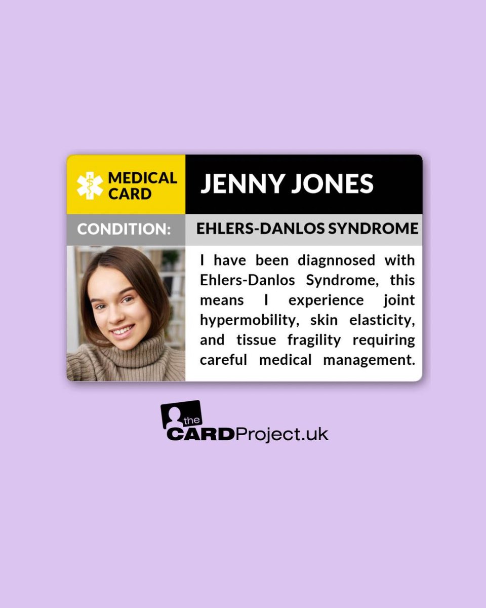 Living with Ehlers-Danlos Syndromes (EDS) means managing pain, joint instability, fatigue, and symptoms most people can’t see. 

Our EDS Medical Photo ID Card clearly outlines your condition, includes your photo, and lists emergency contacts.
