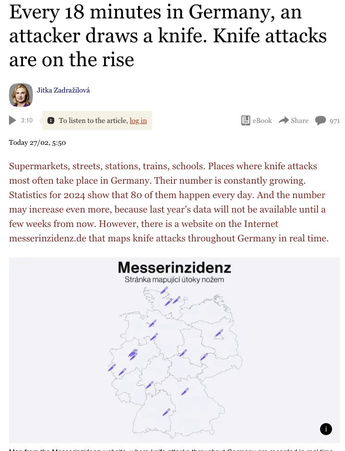 zieglercloud's tweet photo. "Alle 18 Minuten zieht in Deutschland ein Angreifer das Messer" titelt eines der größten tschechischen Nachrichtenportale - und verlinkt Messerinzidenz https://t.co/OD50EGcAsT