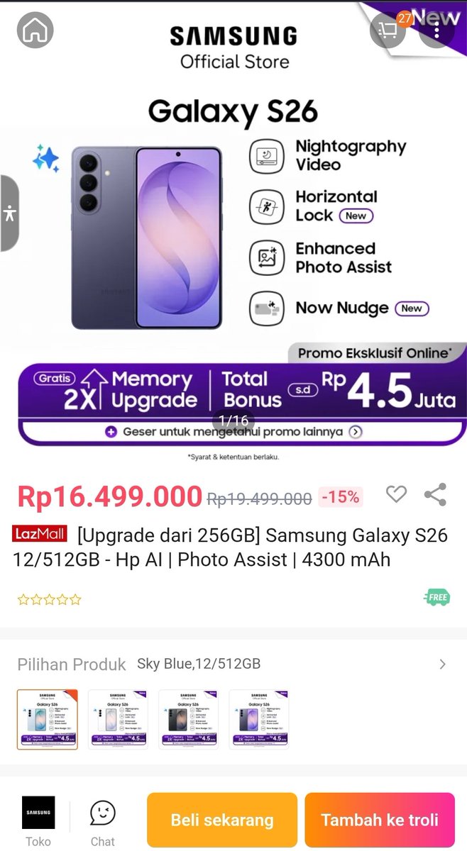 apaaan nih ada bank cashback s.d. 1,5 jt buat pembelian Samsung S26 Di Lazada , gilaaa hemat bnget kannn lazada.co.id/products/I1881…