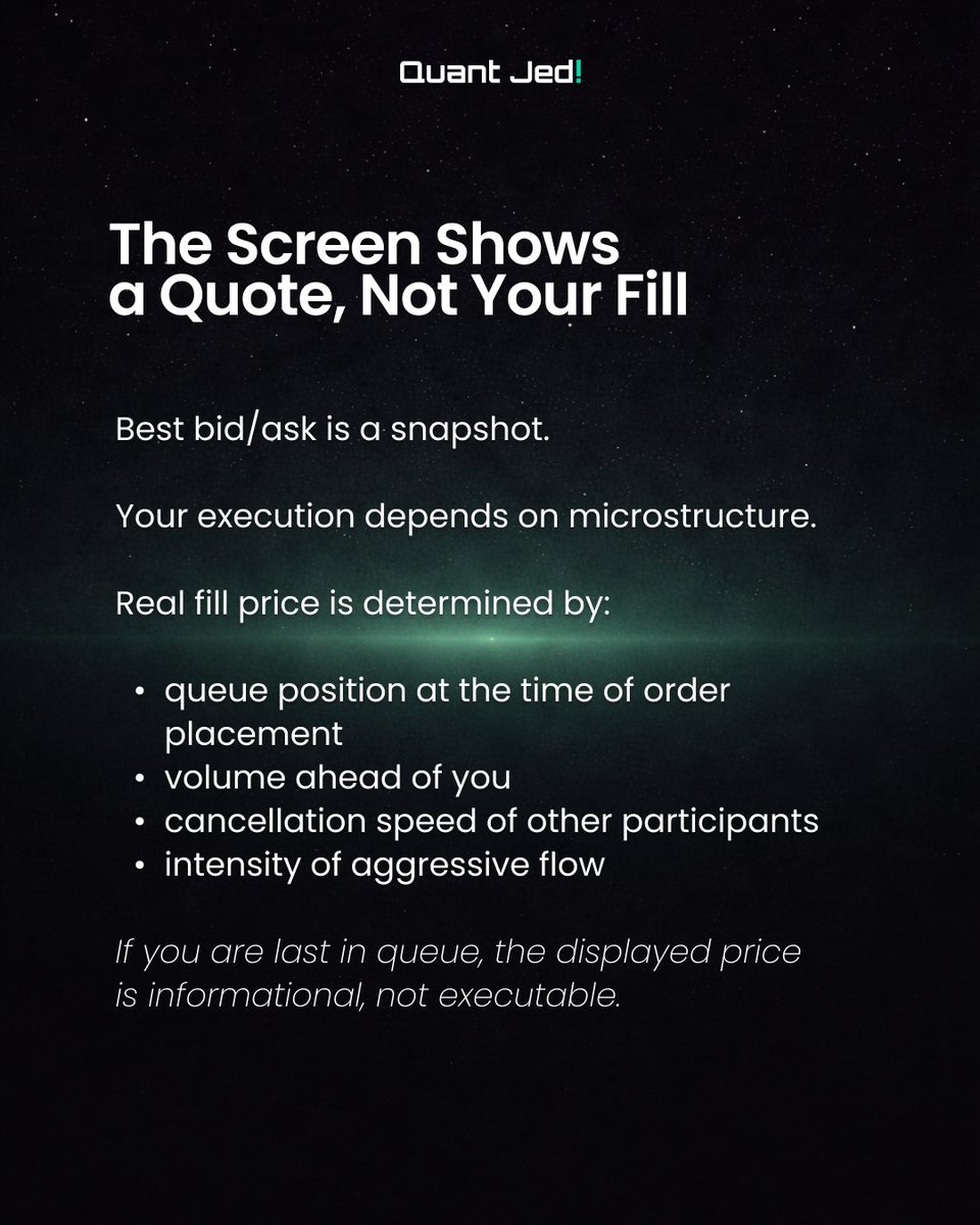 quant_jedi's tweet photo. A model can be statistically correct. A backtest can look perfect.

In #HFT, that guarantees nothing.

Profit depends on how your order interacts with real liquidity, real latency, real queue dynamics, and real competition.

Execution is the PnL engine.

Why? Read the cards. https://t.co/SCymFGTbfY