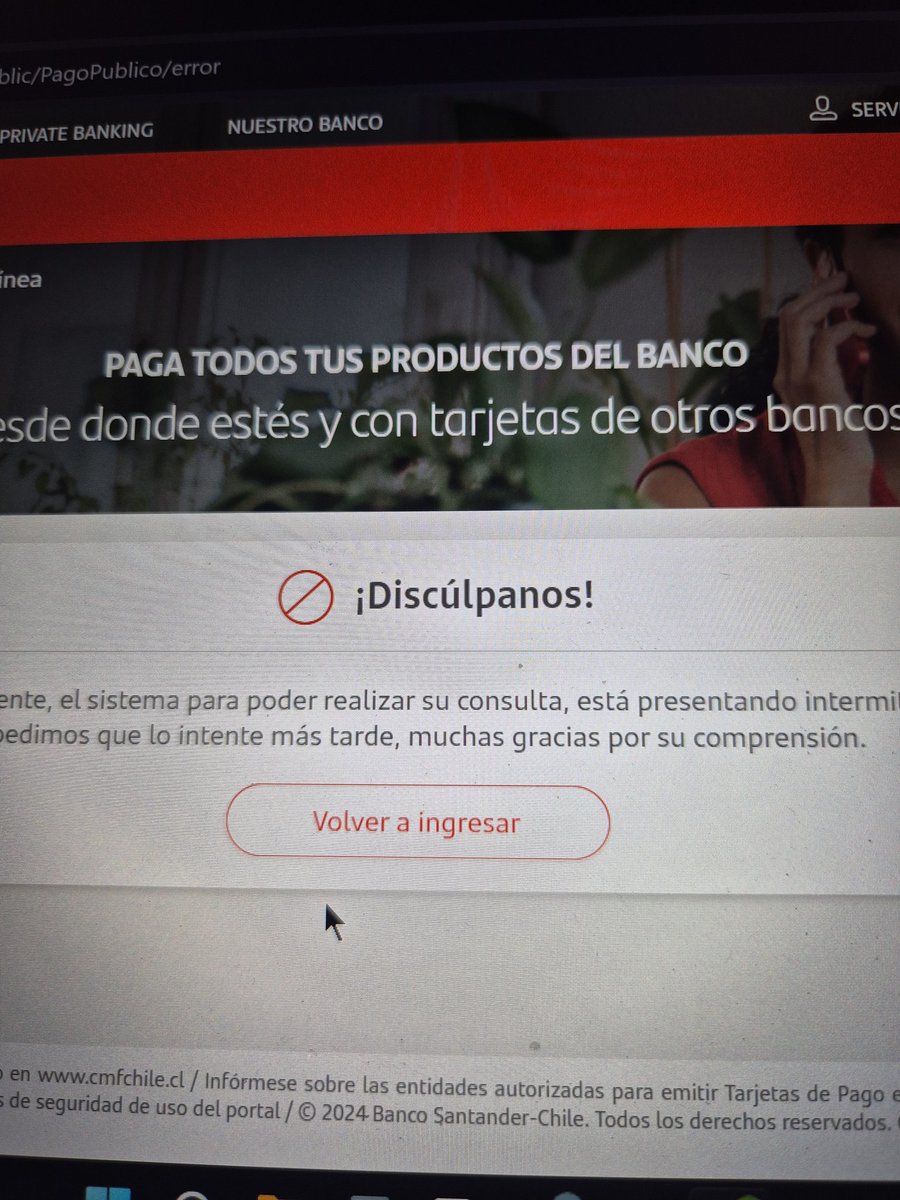 nalella's tweet photo. @santanderchile Estimados, buenos dias. Cuándo van a arreglar la página web y la app para poder pagar ?
Ustedes asumirán los intereses ? https://t.co/WyRSf4mUDy
