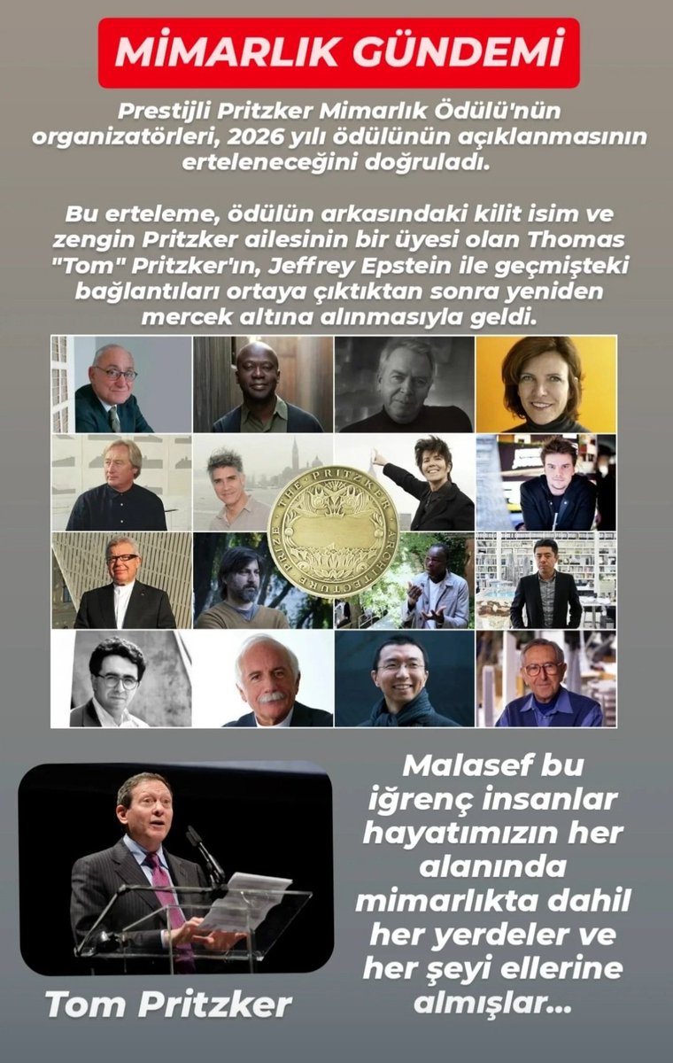 Mimarlık alanının en prestijli ödülü olan PRITZKER ÖDÜLÜ ve EPSTEİN ilişkisi...

#mimarlık #pritzker #EpsteinFiles #Epstein
