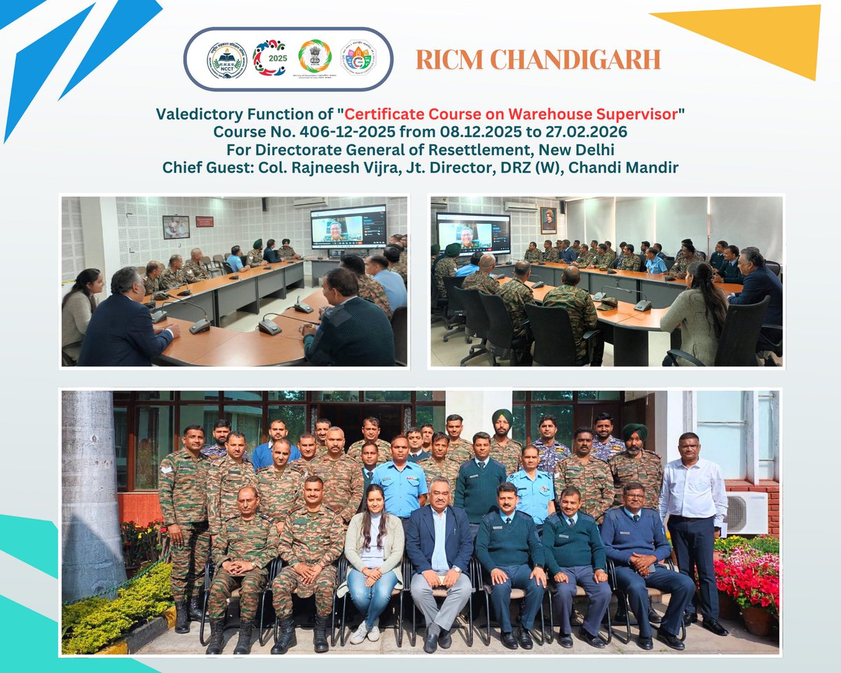 ricmchd's tweet photo. Valedictory Function of "Certificate Course on Warehouse Supervisor"
Course No. 406-12-2025 from 08.12.2025 to 27.02.2026
For Directorate General of Resettlement, New Delhi
Chief Guest: Col. Rajneesh Vijra, Jt. Director, DRZ (W), Chandi Mandir
#DGR #ValedictoryFunction https://t.co/ZrGWiyVCIP