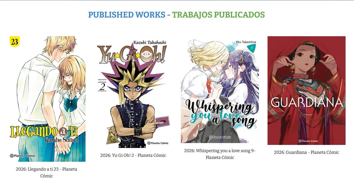 Llegan las últimas publicaciones de Planeta Cómic en las que he trabajado como rotulista. ¡Hay mucha variedad de géneros este mes! El shojo Llegando a ti 23, el shonen Yugioh 2, el yuri Whispering you a love song 9 y por primera vez rotulo un manhua (chino) con Guardiana.