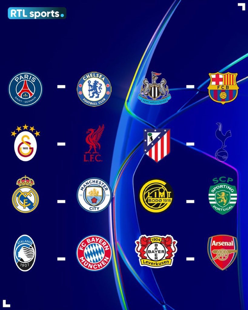 Kulturlesite_'s tweet photo. 🚨 Les AFFICHES de la LIGUE DES CHAMPIONS viennent d’être dévoilées !! ⚽️

🇫🇷 PSG - CHELSEA 🏴󠁧󠁢󠁥󠁮󠁧󠁿
🇹🇷 GALATASARAY - LIVERPOOL 🏴󠁧󠁢󠁥󠁮󠁧󠁿
🇪🇸 REAL MADRID - MANCHESTER CITY 🏴󠁧󠁢󠁥󠁮󠁧󠁿
🇮🇹 ATALANTA - BAYERN MUNICH 🇩🇪
🏴󠁧󠁢󠁥󠁮󠁧󠁿 NEWCASTLE - FC BARCELONE 🇪🇸
🇪🇸 ATLÉTICO DE MADRID - TOTTENHAM 🏴󠁧󠁢󠁥󠁮󠁧󠁿
🇳🇴 BODÖ/GLIMT - SPORTING PORTUGAL 🇵🇹 
🇩🇪 BAYER LEVERKUSEN - ARSENAL 🏴󠁧󠁢󠁥󠁮󠁧󠁿