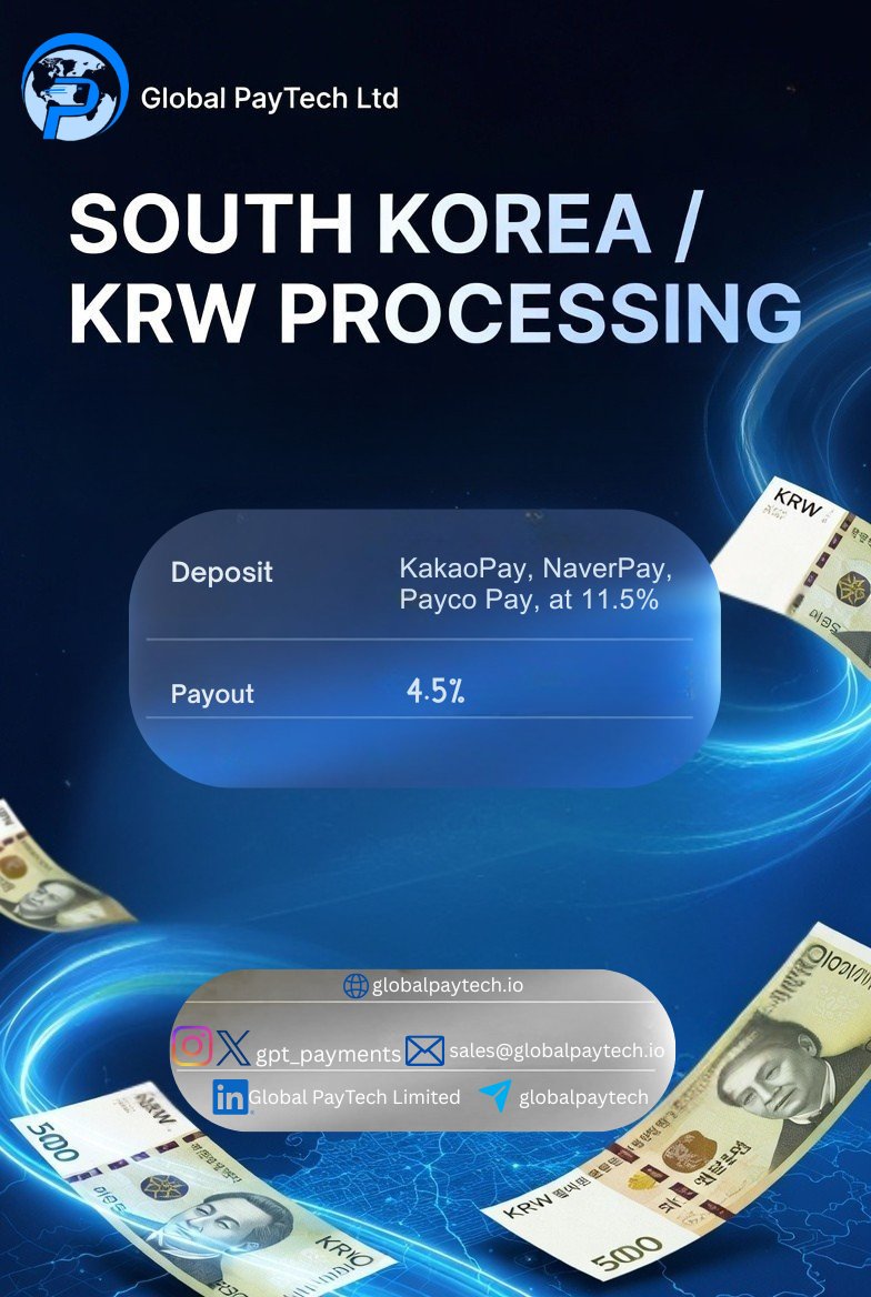 GPT_Payments's tweet photo. South Korea’s booming digital economy!

With Global PayTech, global businesses can accept payments from Korean customers using the country’s top local e-wallets: KakaoPay, NaverPay, and Payco Pay all in KRW.

Deposit at competitive 11.5%
Payout at just 4.5% https://t.co/06vwgcid3F