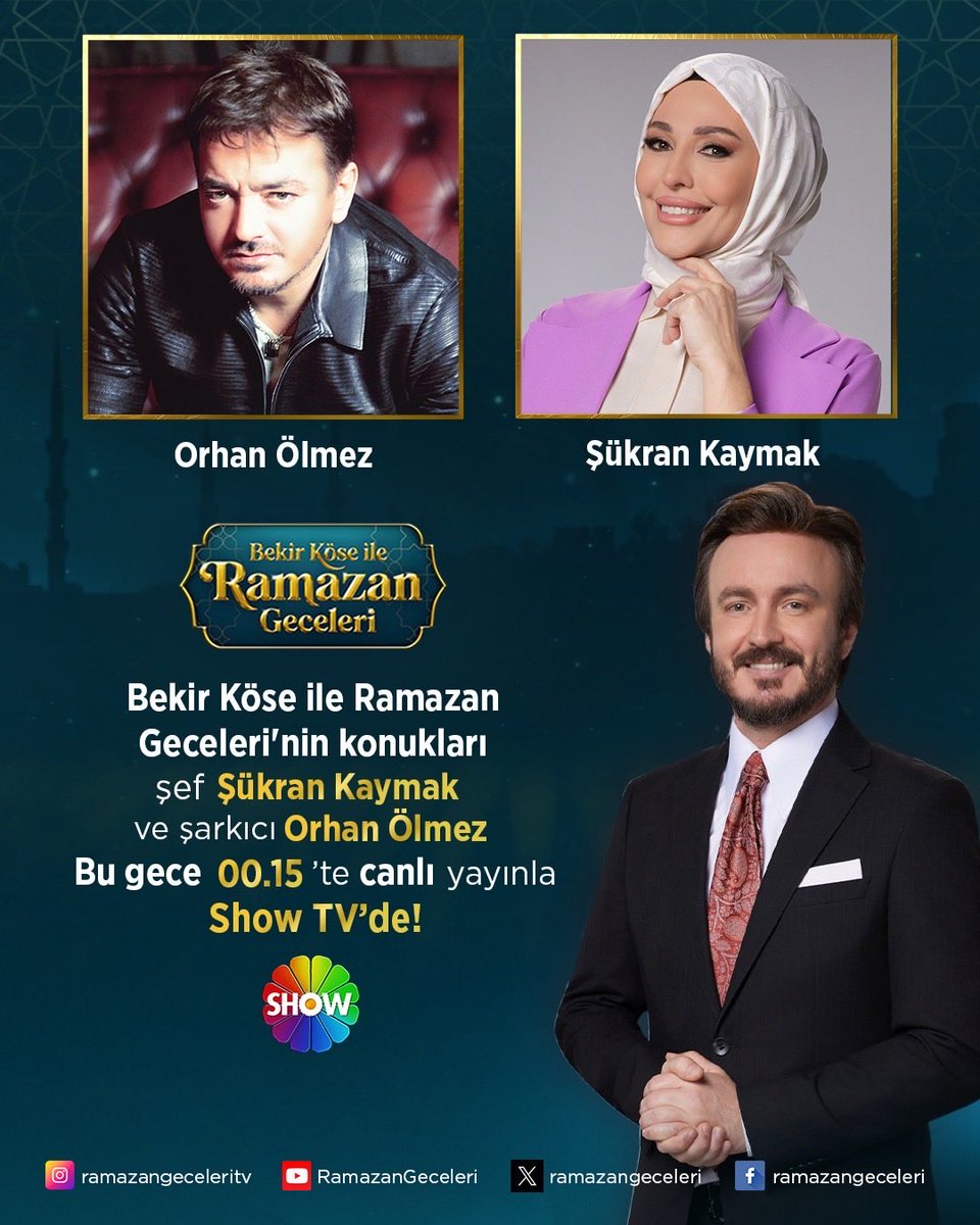 MuzikOlmez's tweet photo. Orhan Ölmez 

Bekir Köse ile Ramazan Geceleri’nin bu geceki  konuğu, güçlü yorumu ve sevilen eserleriyle gönüllerde taht kuran sanatçımız “Orhan Ölmez” 
canlı yayınla bu gece saat 00.15’te Show TV’de sizlerle olacak. @OrhanOlmezVip @bekirkoseresmi @ShowTV 
#orhanölmez #ramazan https://t.co/wGHNsbwn5h
