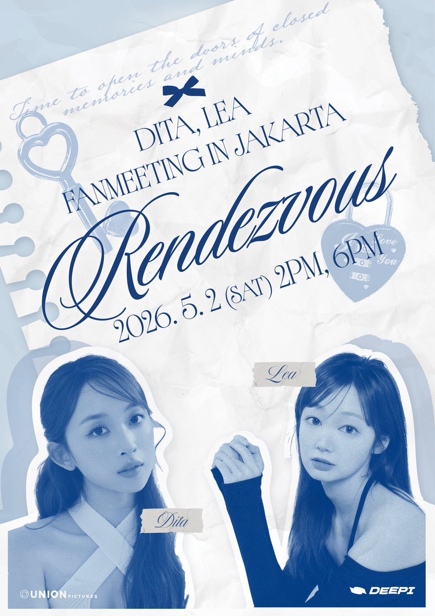 [DITA, LEA FANMEETING IN JAKARTA<𝑹𝒆𝒏𝒅𝒆𝒛𝒗𝒐𝒖𝒔>] Ticket Open

🎤 공연 정보
- 일시: 5/2 (SAT) 2PM, 6PM
- 티켓 오픈: 2/28(SAT) 9PM(KST)

🎁 얼리버드 VIP 티켓:
VIP 티켓 /사운드 체크 / 사인 포카 2EA(멤버별 1ea)+ 포스터 + 하이터치

🔗bit.ly/4cfGhbA

#DITA #LEA