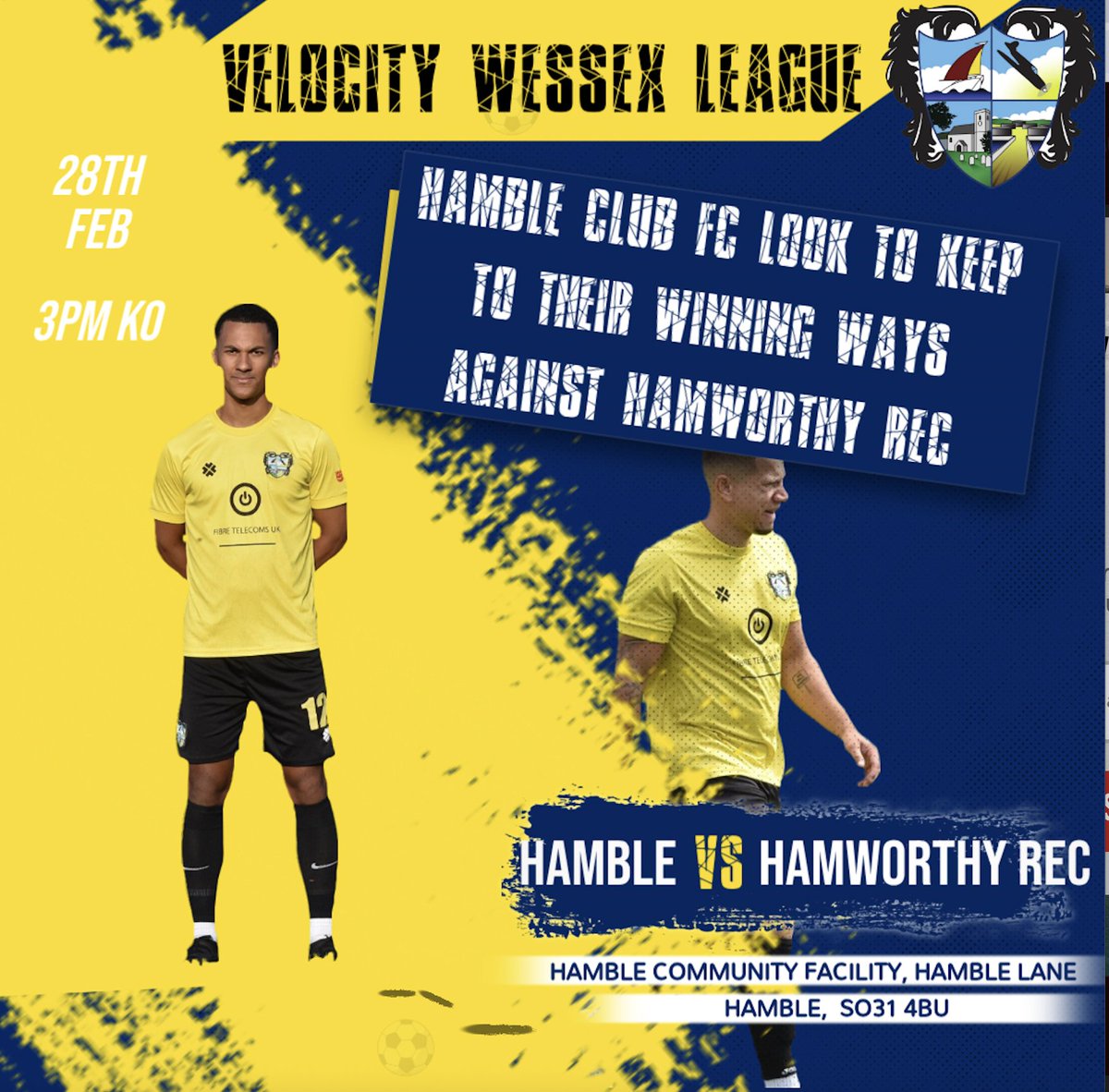 HambleFC's tweet photo. Hamble V Hamworthy Rec
🗓️ Saturday 28/2
⏰3PM
🏟️The Abbey SO31 4BU 
📈 Velocity Wessex League 
🎟️+🍺+🍔=£10
Or Adults £7, concessions £4 and U16 Free when accompanied by an adult.
@Ham_RecFC @WessexLeague @ThoseWhiteLines https://t.co/srorXvJPS2
