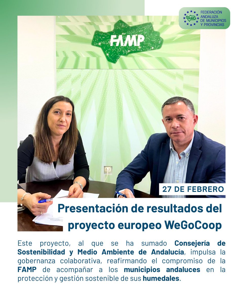 FAMPcomunica's tweet photo. 1/2
🤝 @YolandaSezCuev1, secretaria general de la #FAMP, y José Enrique Borrallo, director gral. de #EspaciosNaturales, avanzan juntos en la protección de los humedales andaluces.
Presentados los resultados de #WEGOCOOP, impulsando la gobernanza colaborativa.
#Gobernanza https://t.co/tj4mojl5bH