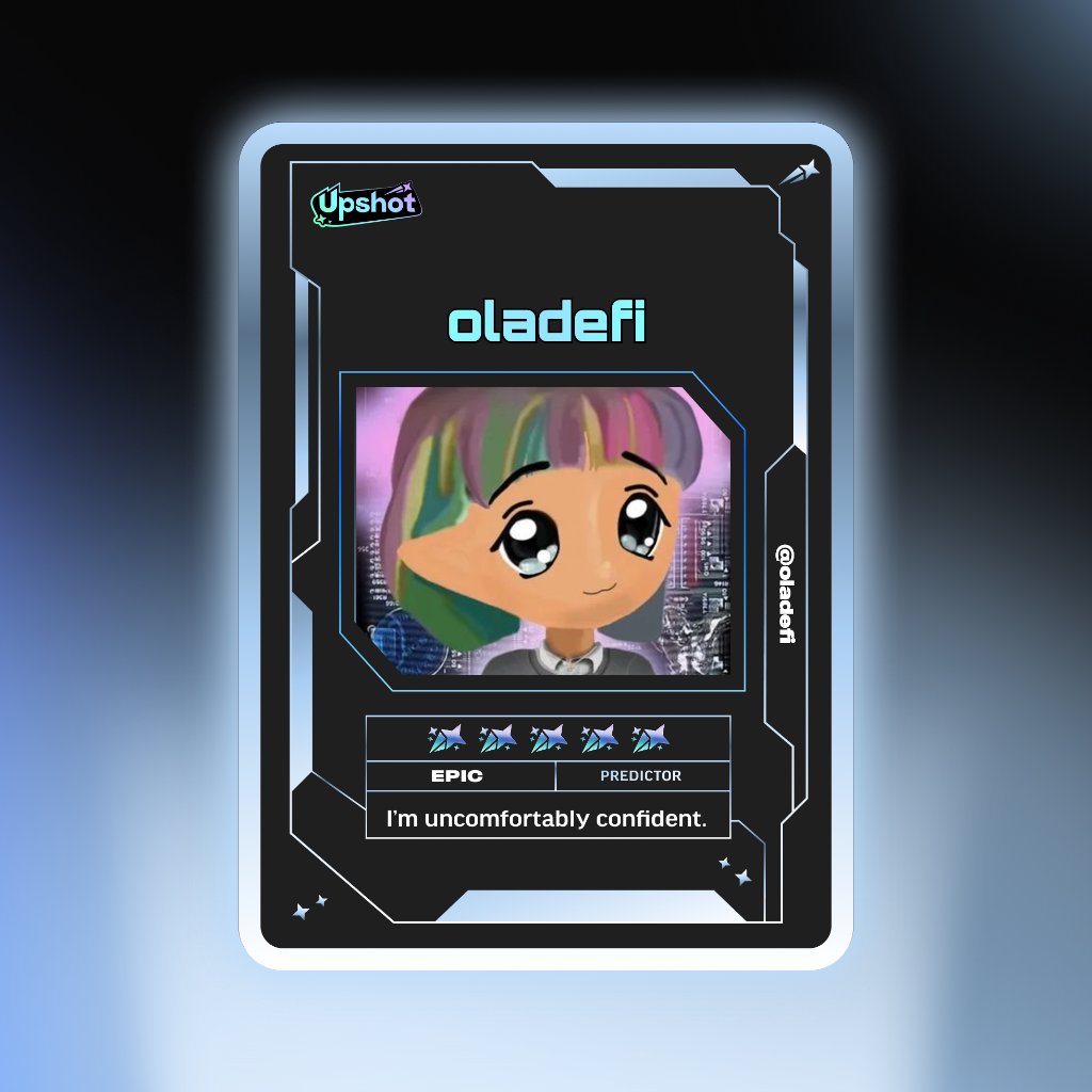 oladefi's tweet photo. Just claimed my predictor card from @upshot_cards and im bummed i didn't get a legendary 

anybody knows what this will be worth? 👀

you can check yours too. link is in the comments https://t.co/fR7rdgZgDr