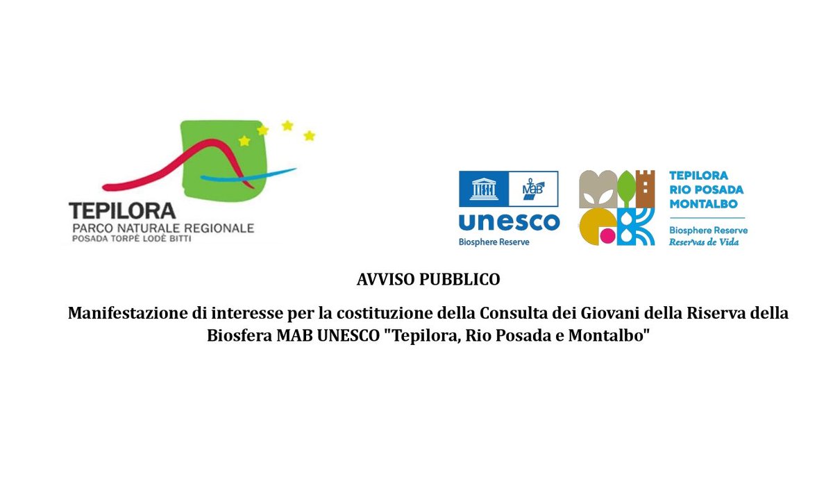 🌿Avviso pubblico: selezione giovani 16–35 anni per la Consulta dei Giovani Riserva #MABUNESCO “Tepilora, Rio Posada e Montalbo”.

Scadenza 27/03 ore 12
Candidature: protocollo@parcoditepilora.it
Avviso e modulistica: bit.ly/3OOXS01
#Tepilora #Giovani #Sostenibilità