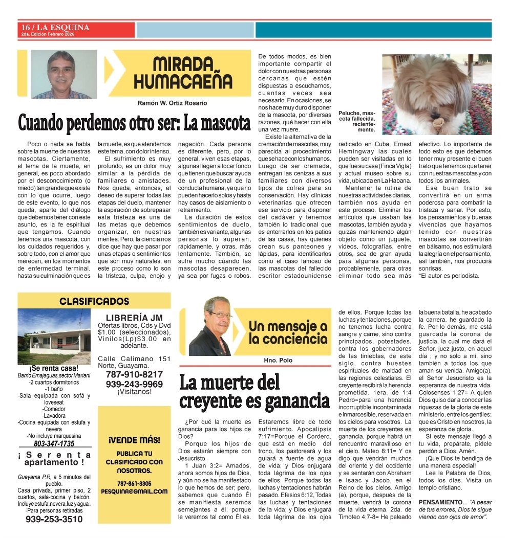 RadioEnteAhora's tweet photo. 📰 🗞️ Mi nota periodística para esta semana del Periódico La Esquina de Maunabo, Puerto Rico titulada: Cuando perdemos a otro ser: la mascota. Está en la página 16. Para verla así también todo el periódico, accedan por medio de este enlace: 👇 #Peluche 
https://t.co/bdBeoc7yPk https://t.co/VqEyWMUeSg