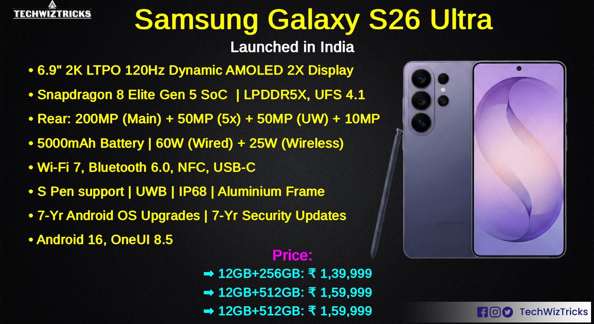 Techwiztricks's tweet photo. Samsung Galaxy S26 Ultra launched in india.

#SamsungGalaxyS26Ultra #GalaxyS26Ultra #Samsung2026 #ShotOnGalaxy #TeamGalaxy #GalaxyAI #S26Ultra #Android16 #MobilePhotography #TechTrends2026 #UltraDisplay #CobaltViolet #SmartTech #FutureTech #GadgetLover https://t.co/EsrPGXc446