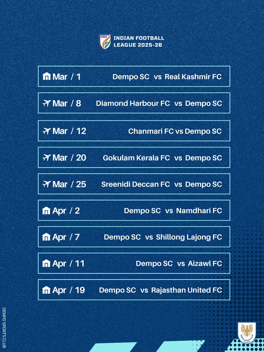 demposcofficial's tweet photo. The wait is over.
Stage 1 fixtures of the Indian Football League are here. ⚽
Mark your calendars.
Fill the stands.
Back the boys.
Let’s do this together. 💙
#Indianfootballleague #matchfixtures #demposc #football https://t.co/ZIKOv9vTGq